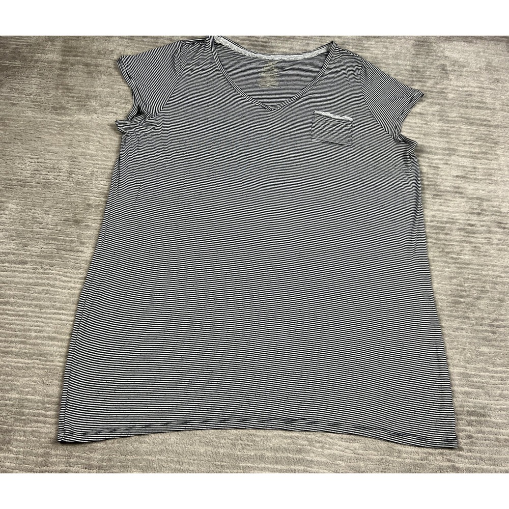 Faded Glory Sleep Shirt Womens 3X Black White Striped Lace Trim V-Neck Pocket